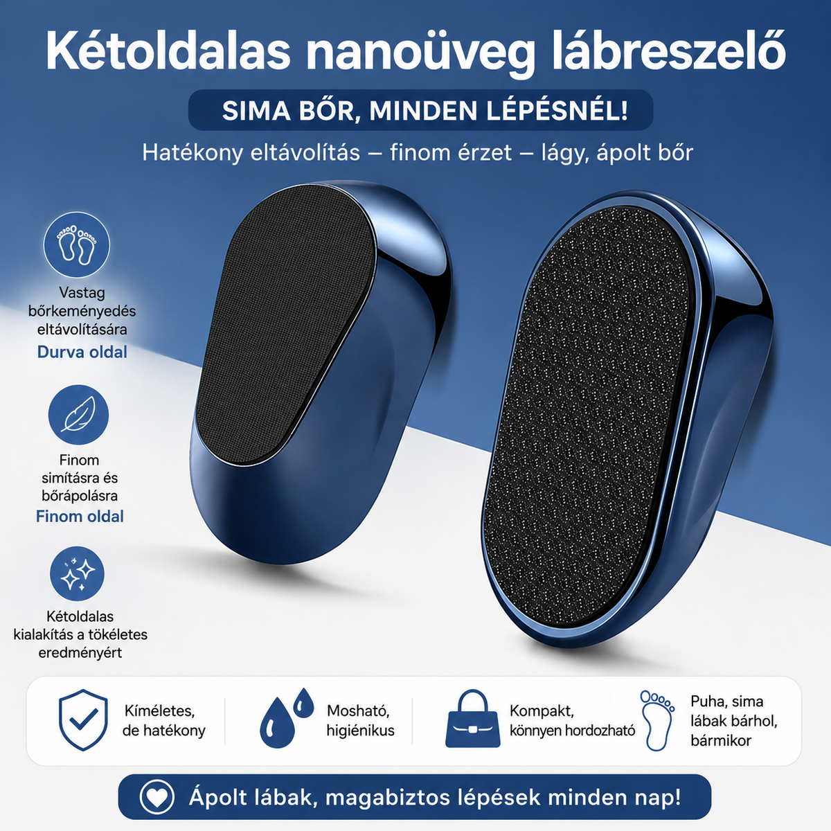 Kétoldalas nanoüveg lábreszelő sarok- és talpápoláshoz